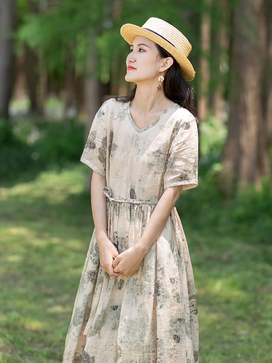 Plus Size Women Artsy Ink-Print Drawstring Ramie Dress Secondary image