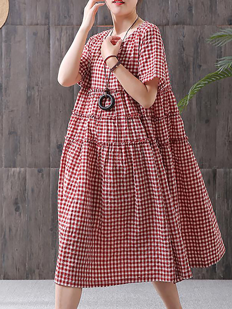 Plus Size 100%Cotton Short Sleeve Plaid Dress Main image