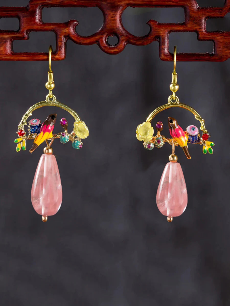 Bird And Flower Chalcedony Pendant Earrings