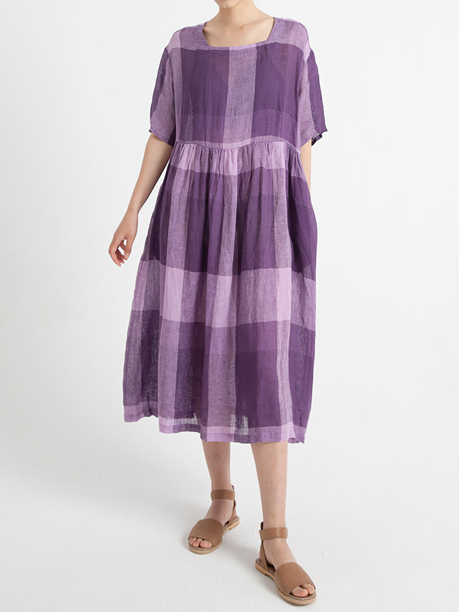Plus Size Linen Casual Summer Short Sleeve Loose Pleated Dress Main image