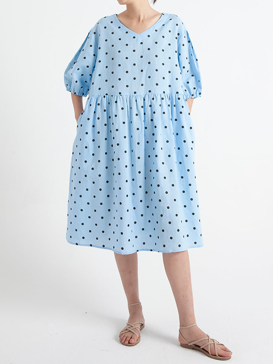 Plus Size Dot V Neck Summer Pleated Short Sleeve Dress Secondary image