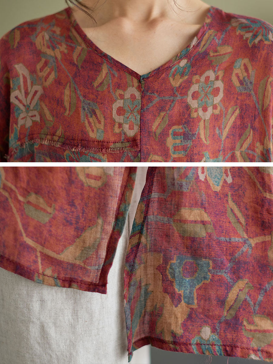 Plus Size Floral Vintage Ramie Split Women Summer Shirt