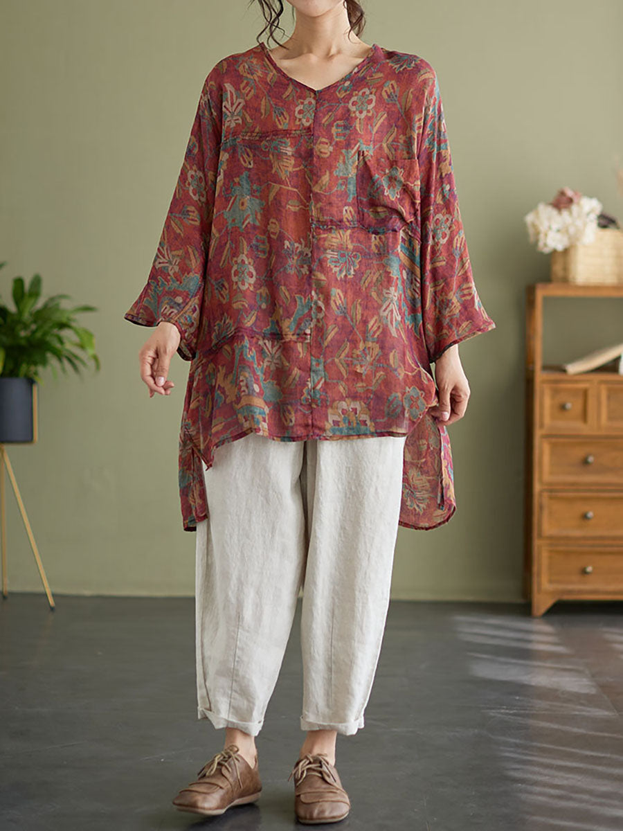 Plus Size Floral Vintage Ramie Split Women Summer Shirt