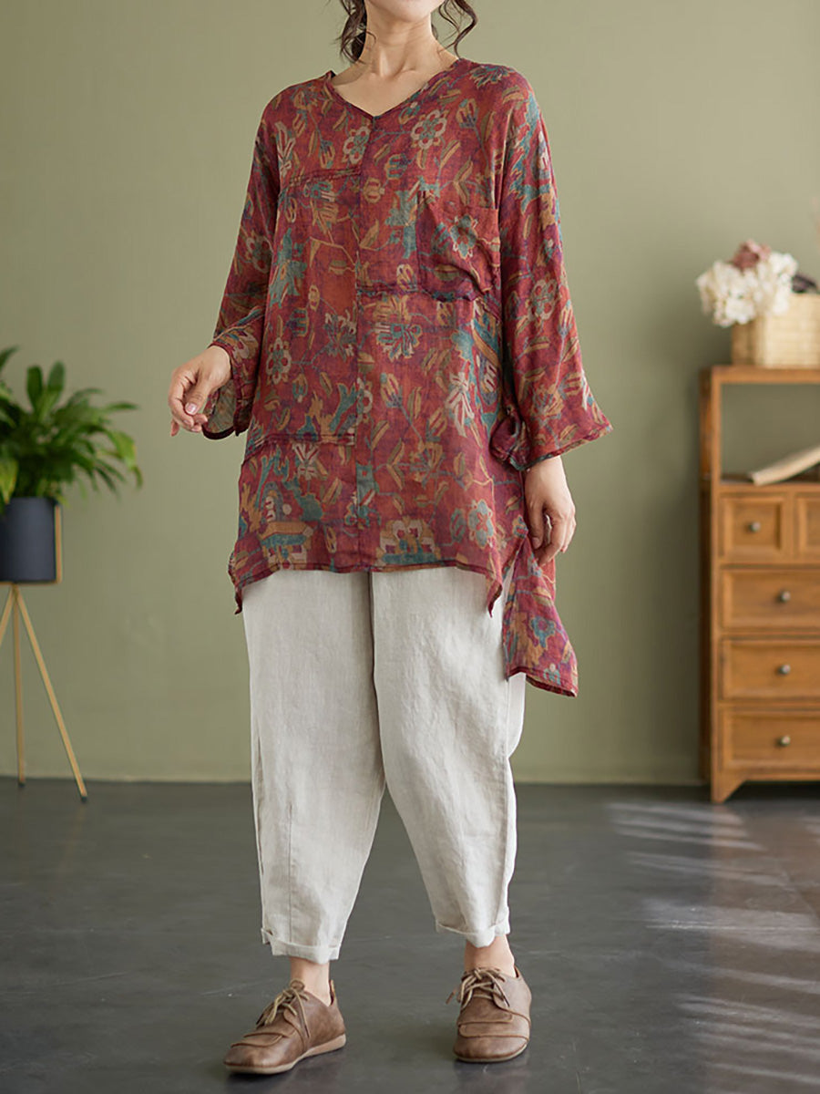 Plus Size Floral Vintage Ramie Split Women Summer Shirt