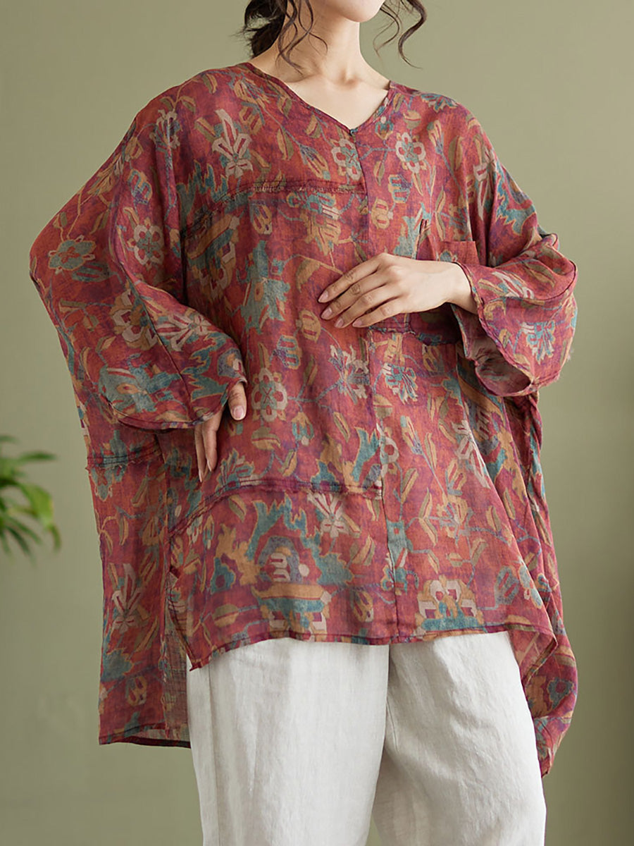Plus Size Floral Vintage Ramie Split Women Summer Shirt