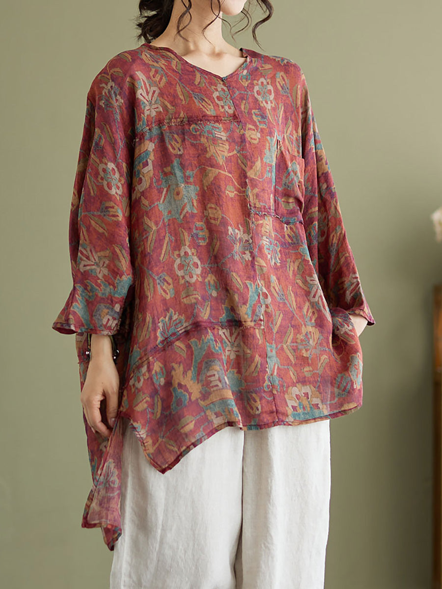 Plus Size Floral Vintage Ramie Split Women Summer Shirt