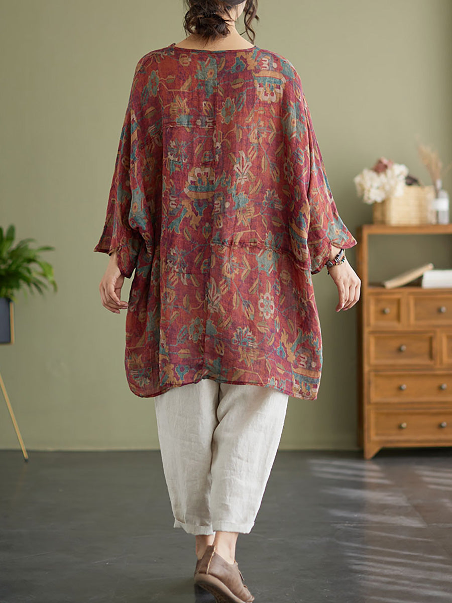 Plus Size Floral Vintage Ramie Split Women Summer Shirt