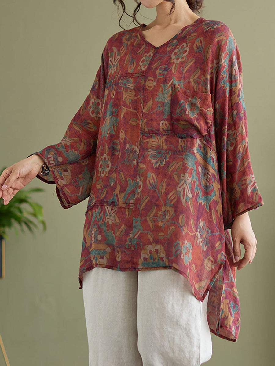 Plus Size Floral Vintage Ramie Split Women Summer Shirt