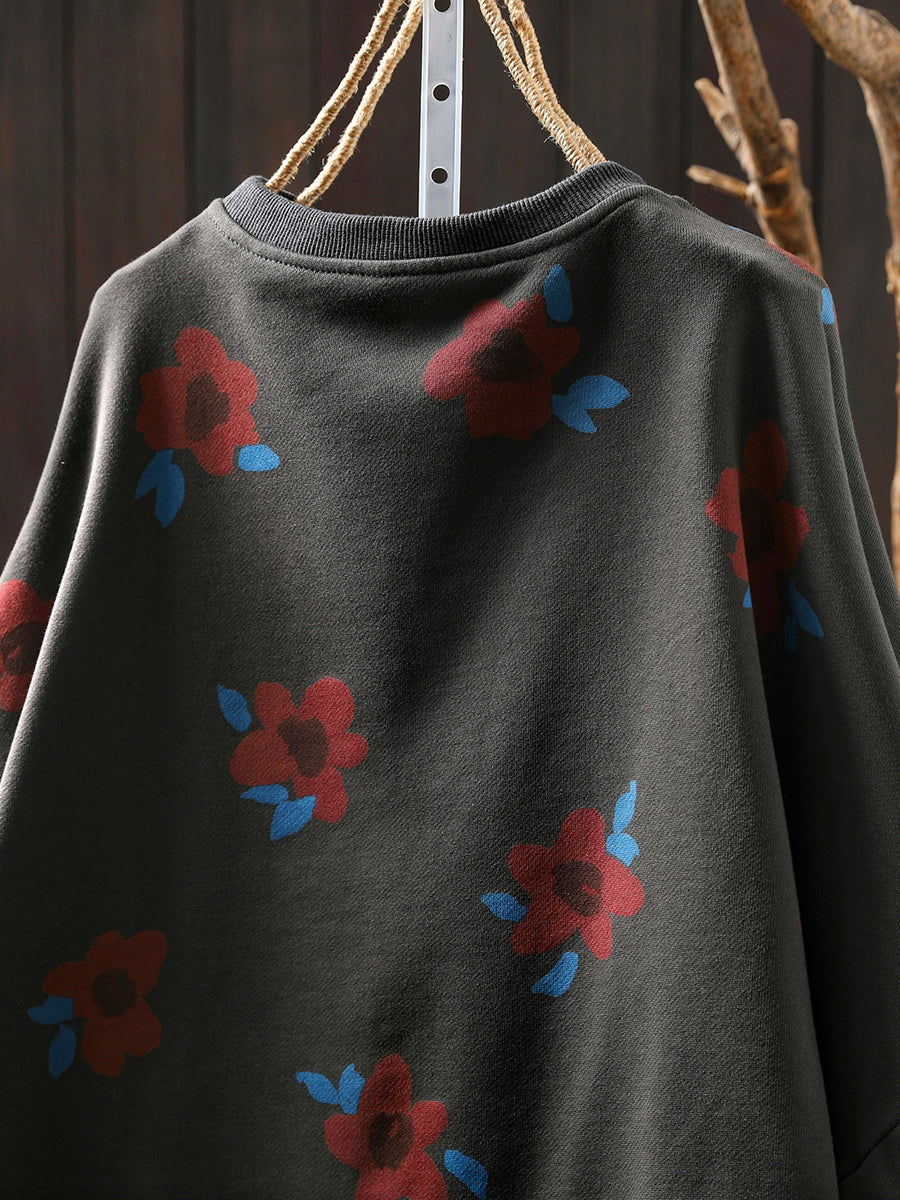 Plus Size Women Autumn Artsy Flower O-Neck Cotton Blouse