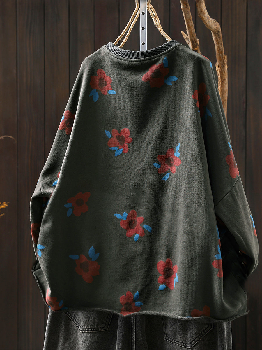 Plus Size Women Autumn Artsy Flower O-Neck Cotton Blouse