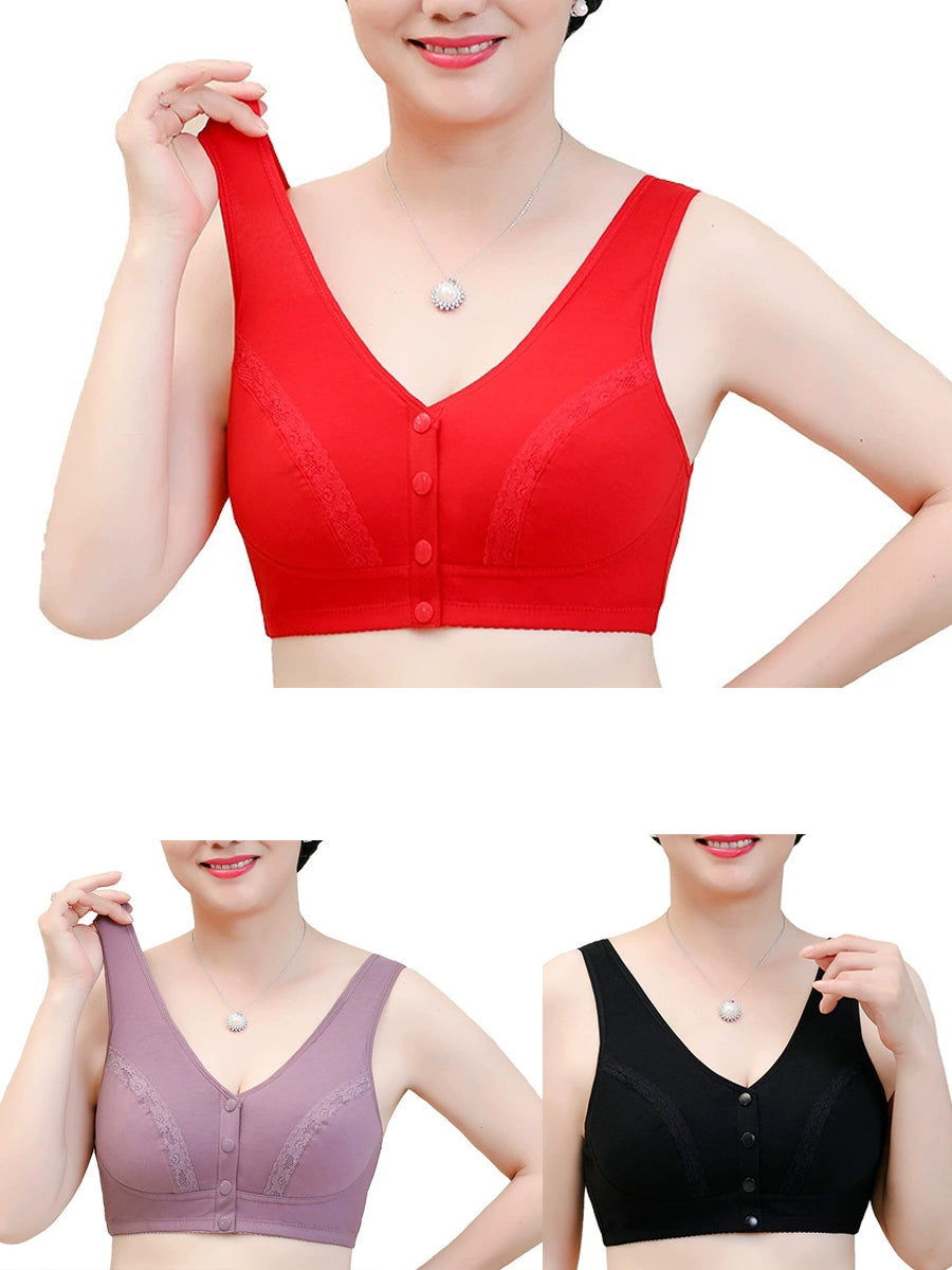 3 Pieces Women Artsy Pure Color Front-buckle Wireless Bra