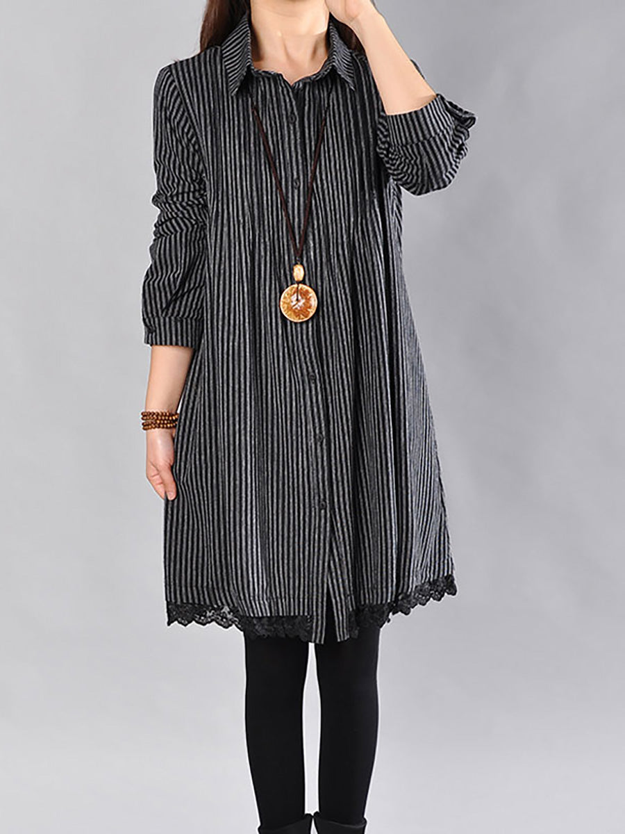 Plus Size Loose Cotton Linen Printing Lace Hem Dress Secondary image
