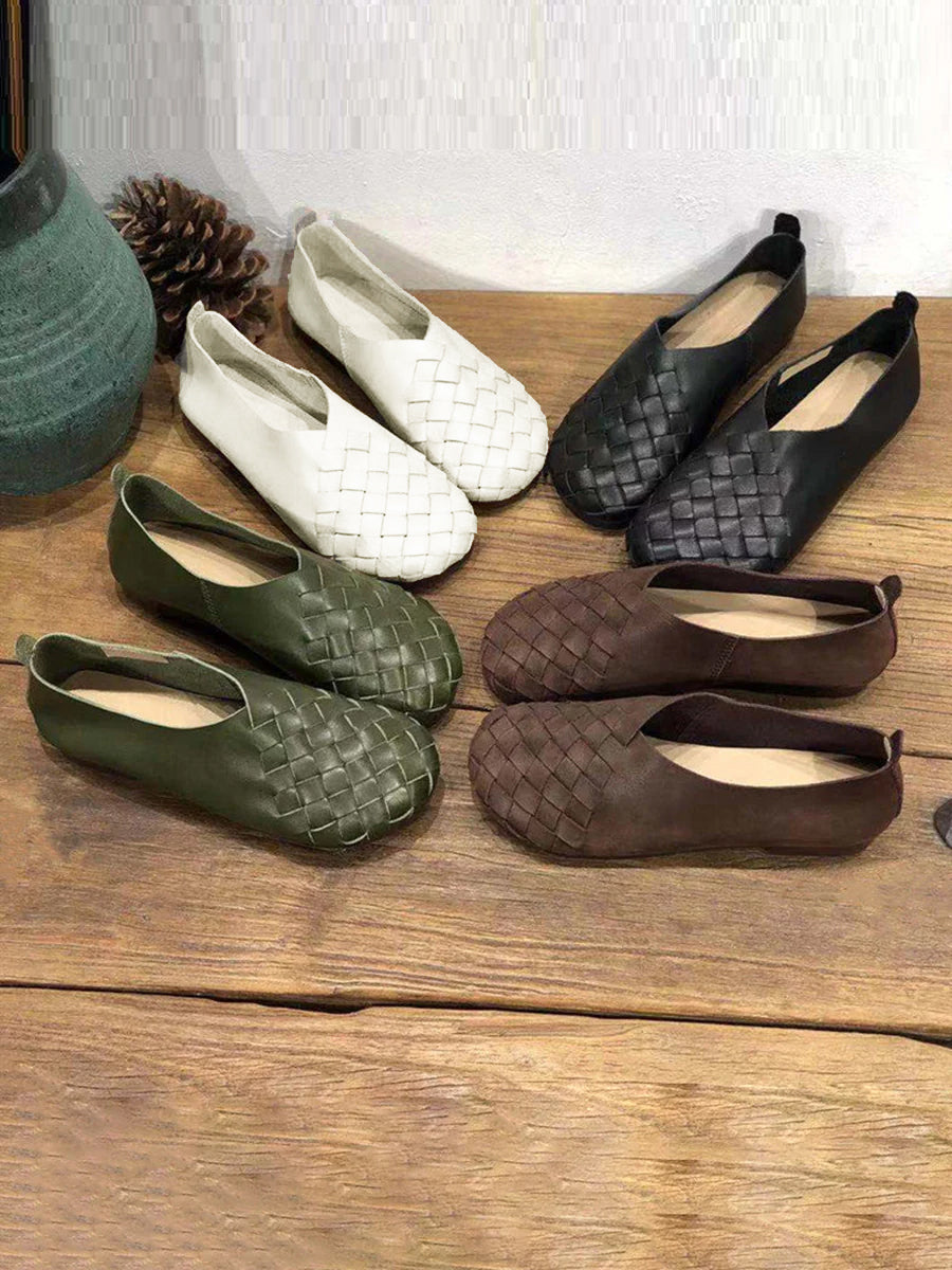 Leather Women Solid Color Woven Round Toe Flat Shoes