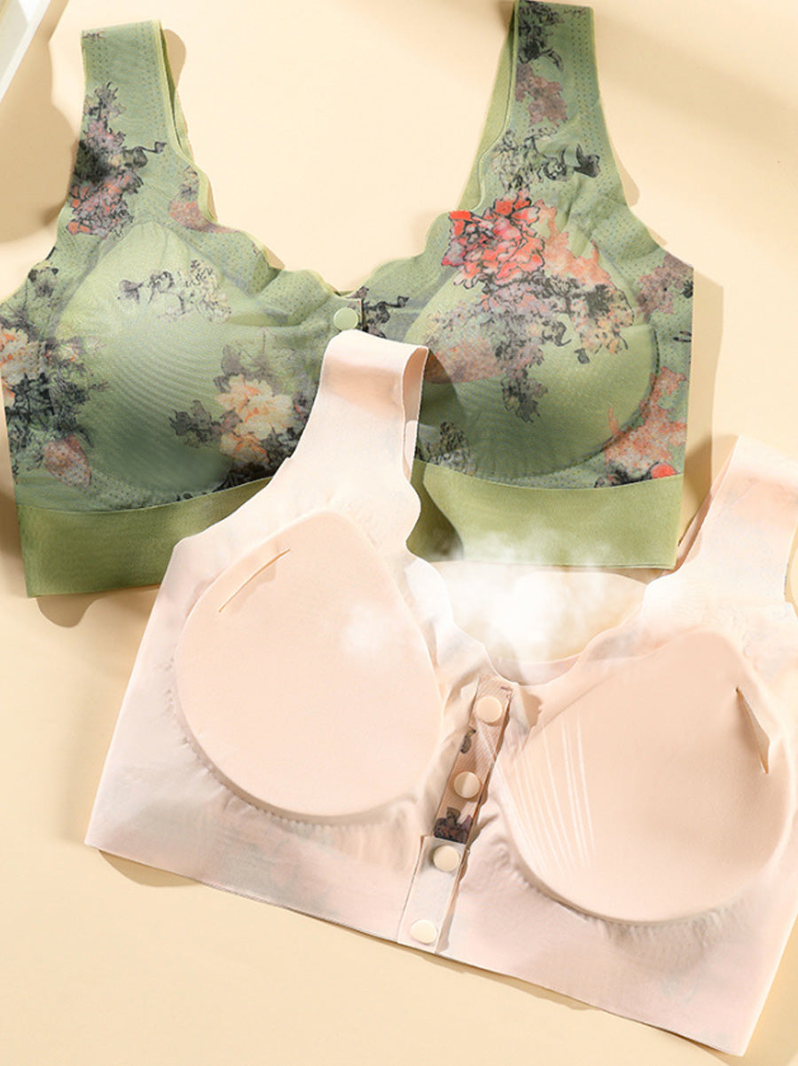 3 Pieces Women Artsy Flower Front-buckle Wireless Bra