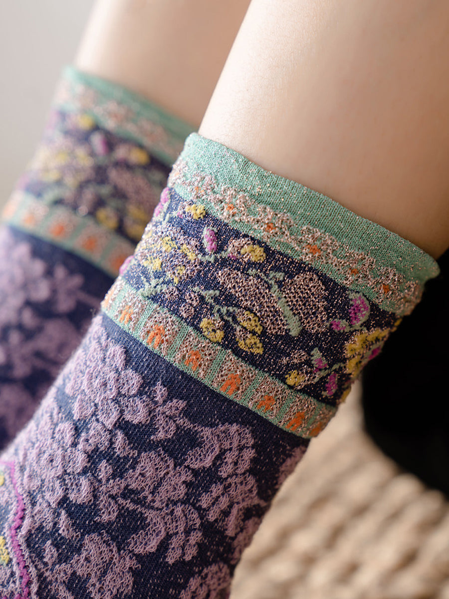 5 Pairs Women Vintage Flower Jacquard Socks
