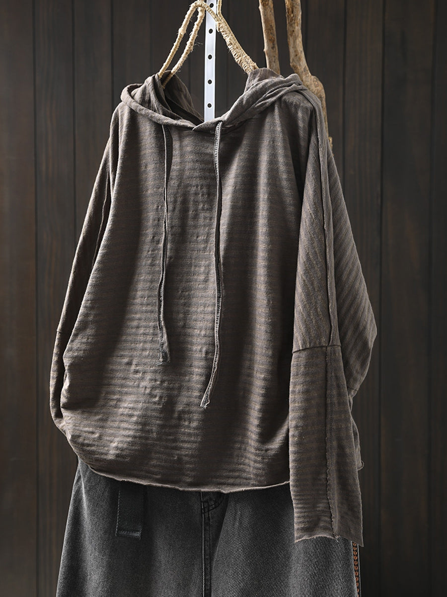 Plus Size Women Autumn Artsy Stripe Cotton Hooded Shirt Secondary image
