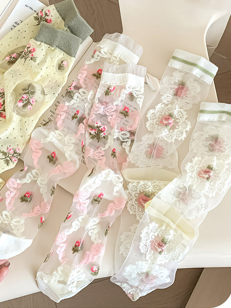 3 Pairs Summer Artsy Flower Jacquard Mid-calf Thin Socks Secondary image