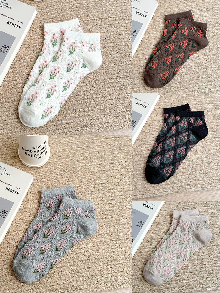 5 Pairs Women Summer Floral Rhomboids Socks