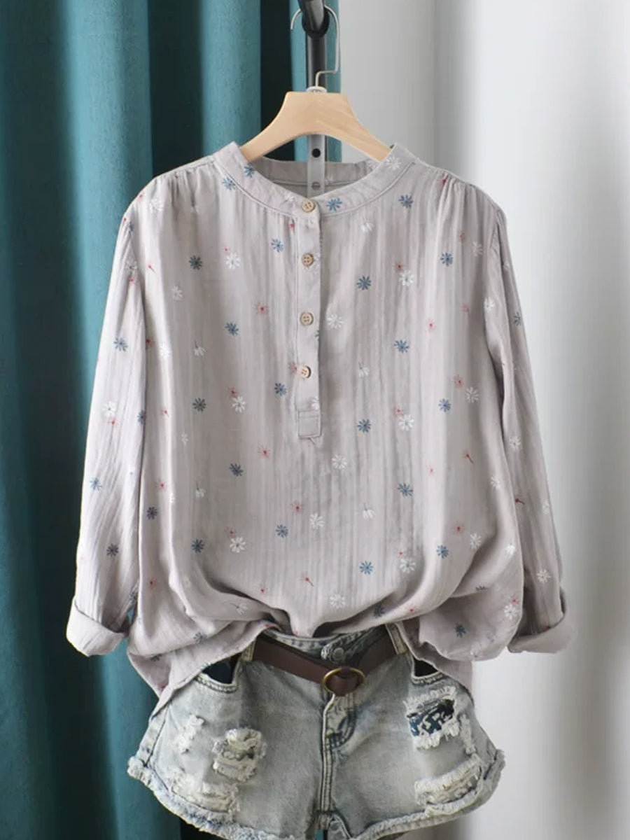 Plus Size Women Artsy Spring Flower Stand Collar Blouse