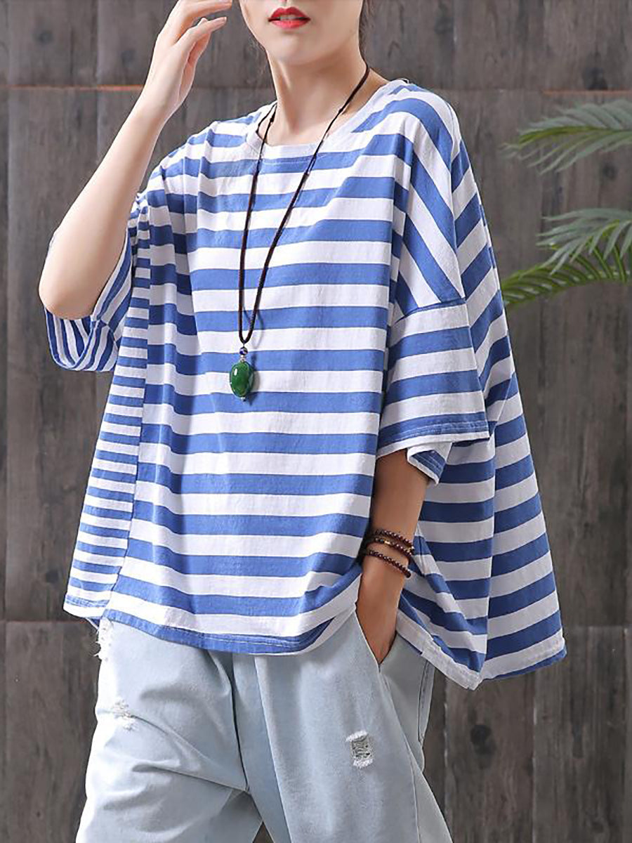 Plus Size - Buykud 100% Cotton Striped Casual T-Shirt Main image