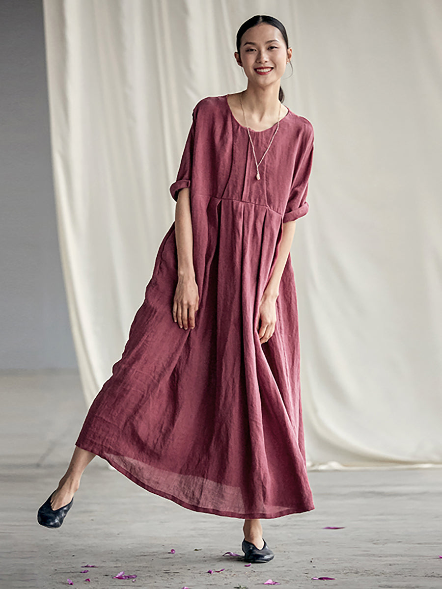 Plus Size Chinese Style Elegant Pleated Loose Linen Dress Main image