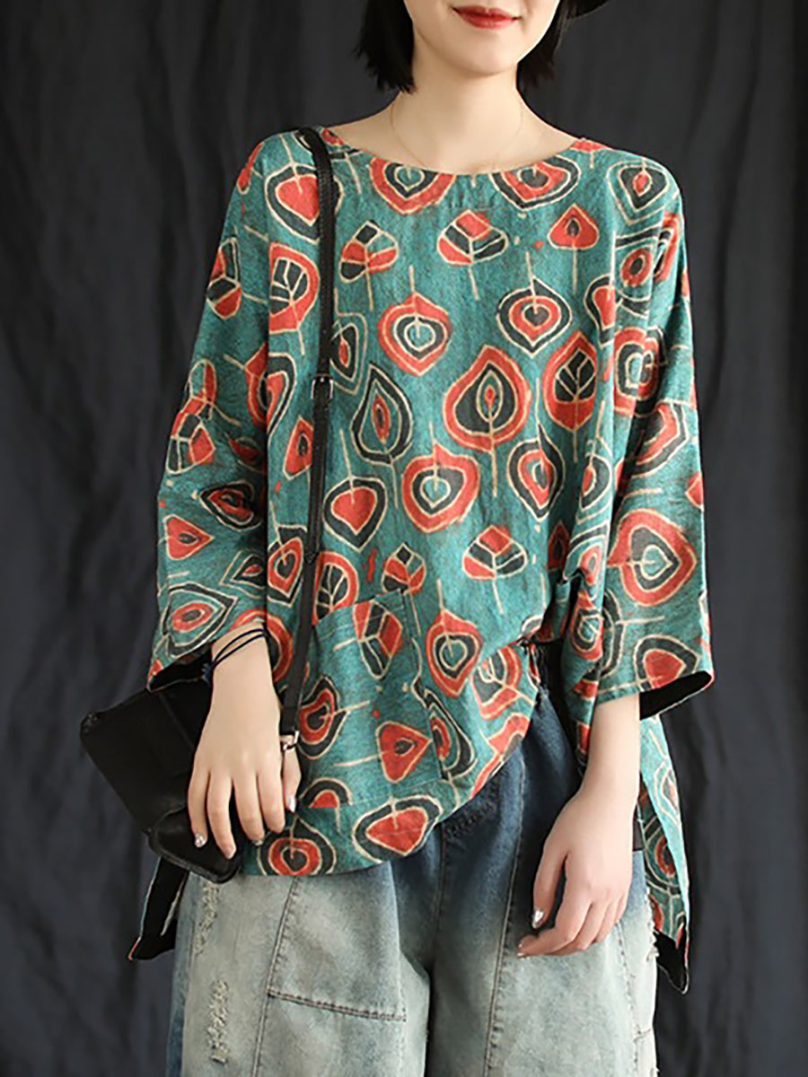 Plus Size Buykud Casual Floral 100% Linen T-Shirt