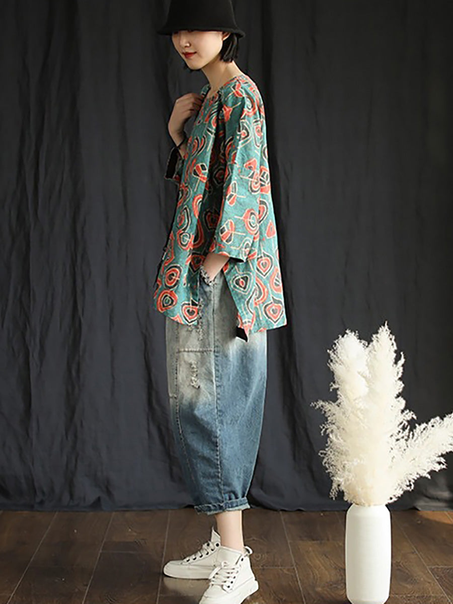 Plus Size Buykud Casual Floral 100% Linen T-Shirt