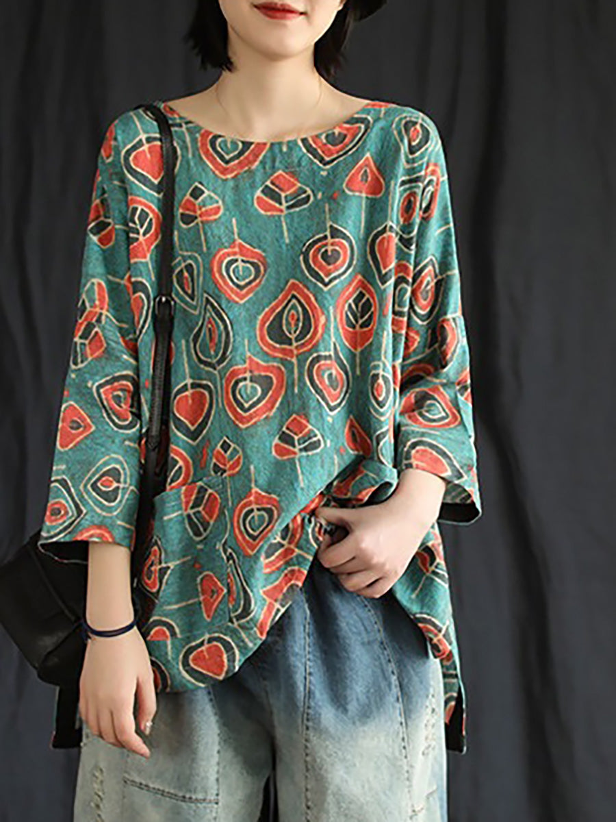 Plus Size Buykud Casual Floral 100% Linen T-Shirt