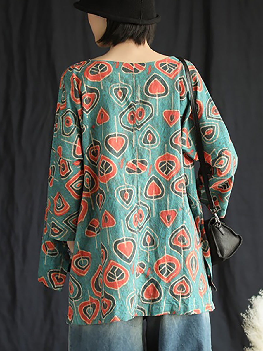 Plus Size Buykud Casual Floral 100% Linen T-Shirt