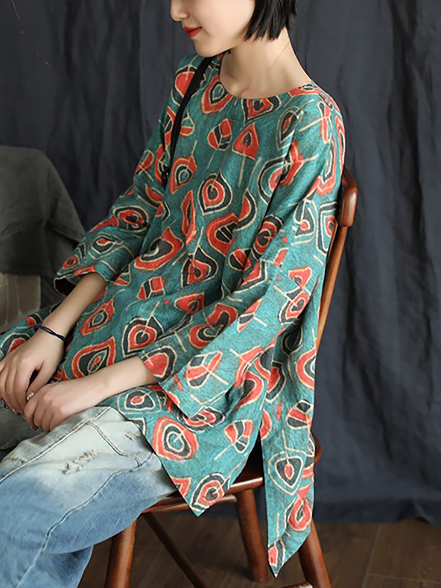 Plus Size Buykud Casual Floral 100% Linen T-Shirt