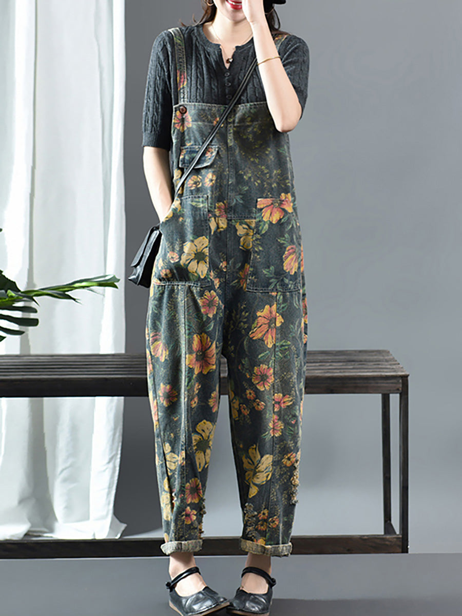 Plus Size - Flower Print Casual Denim Cotton Jumpsuit Dungarees Main image