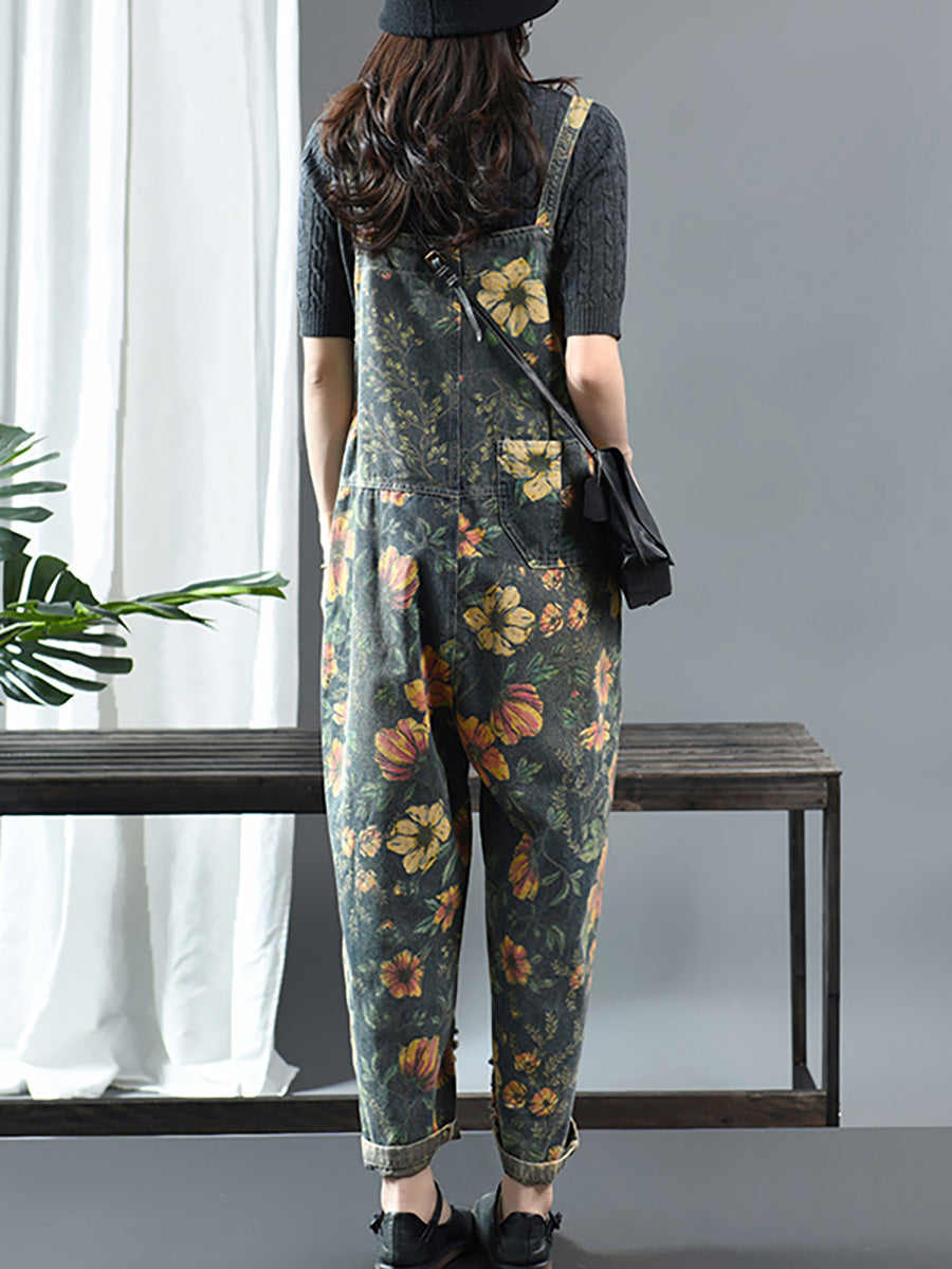Plus Size - Flower Print Casual Denim Cotton Jumpsuit Dungarees Secondary image