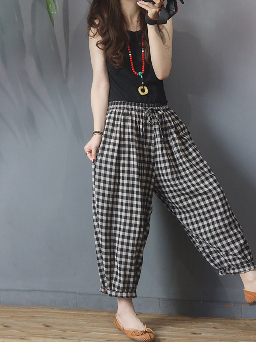 Plus Size Summer Plaid Drawstring Cotton Linen Harem Pants Secondary image