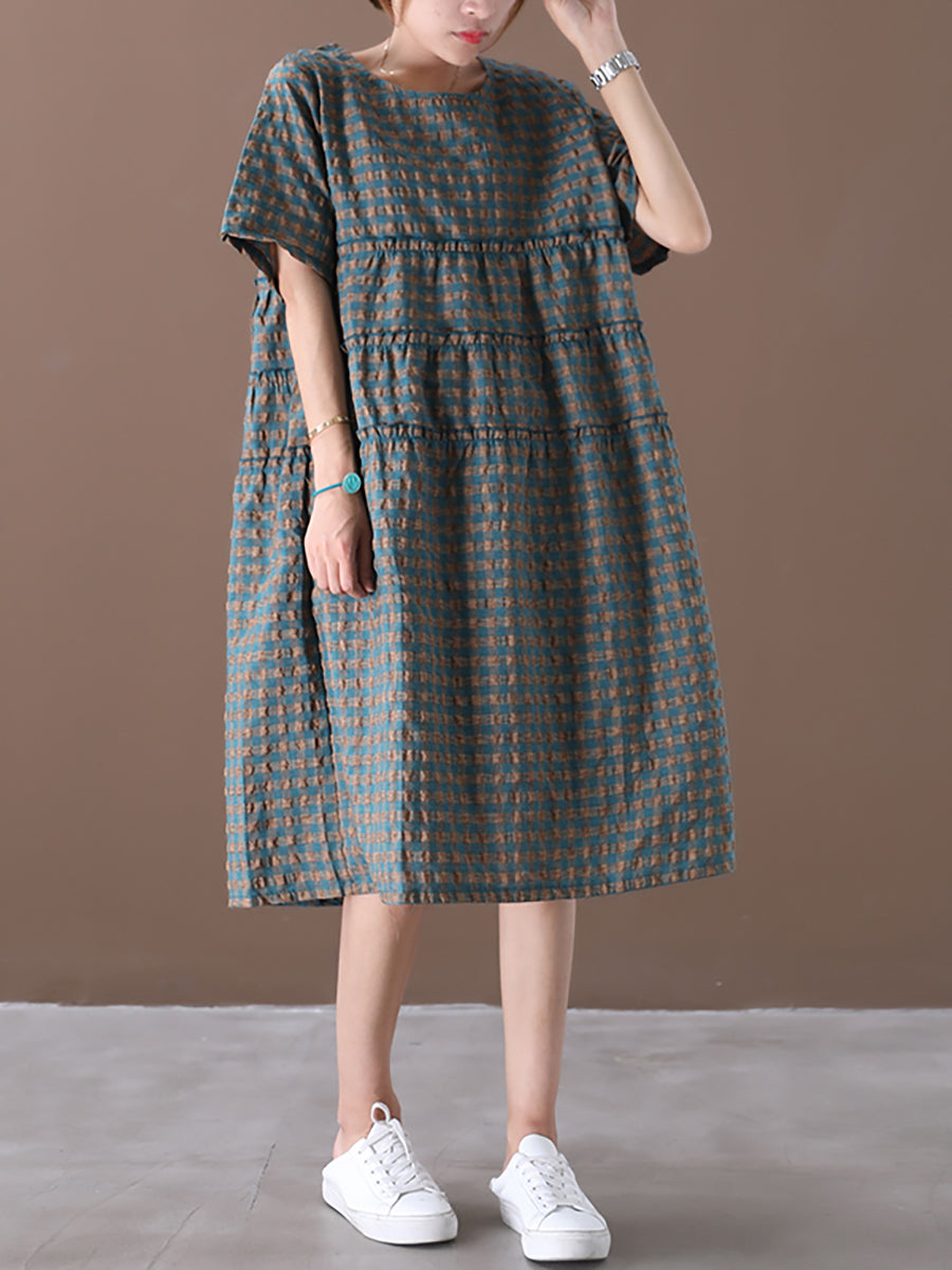 Plus Size Summer Plaid Round Neck Cotton Linen Midi Dress Main image