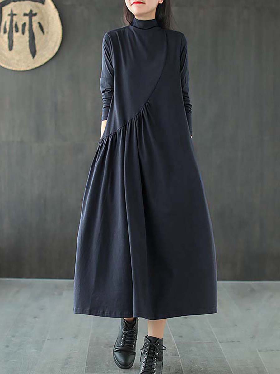 Plus Size Solid Color Draped High Neckline Dress Main image