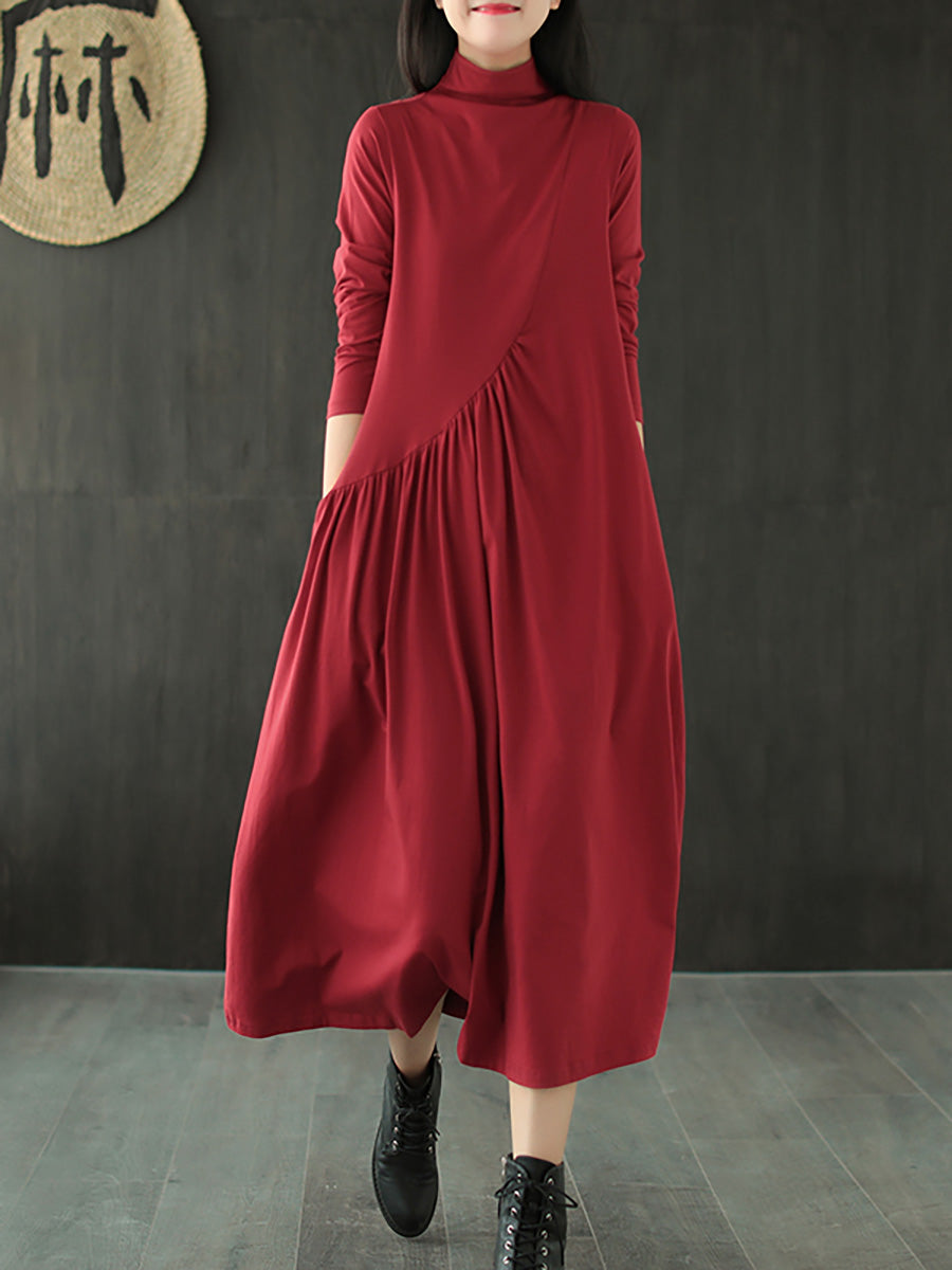 Plus Size Solid Color Draped High Neckline Dress Secondary image