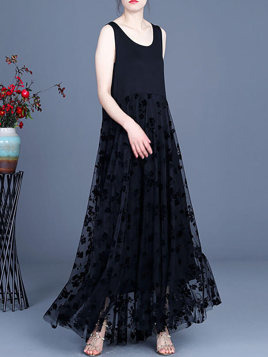 Plus Size - Women Lace Retro Stitching Maxi Pinafore Dress Secondary image