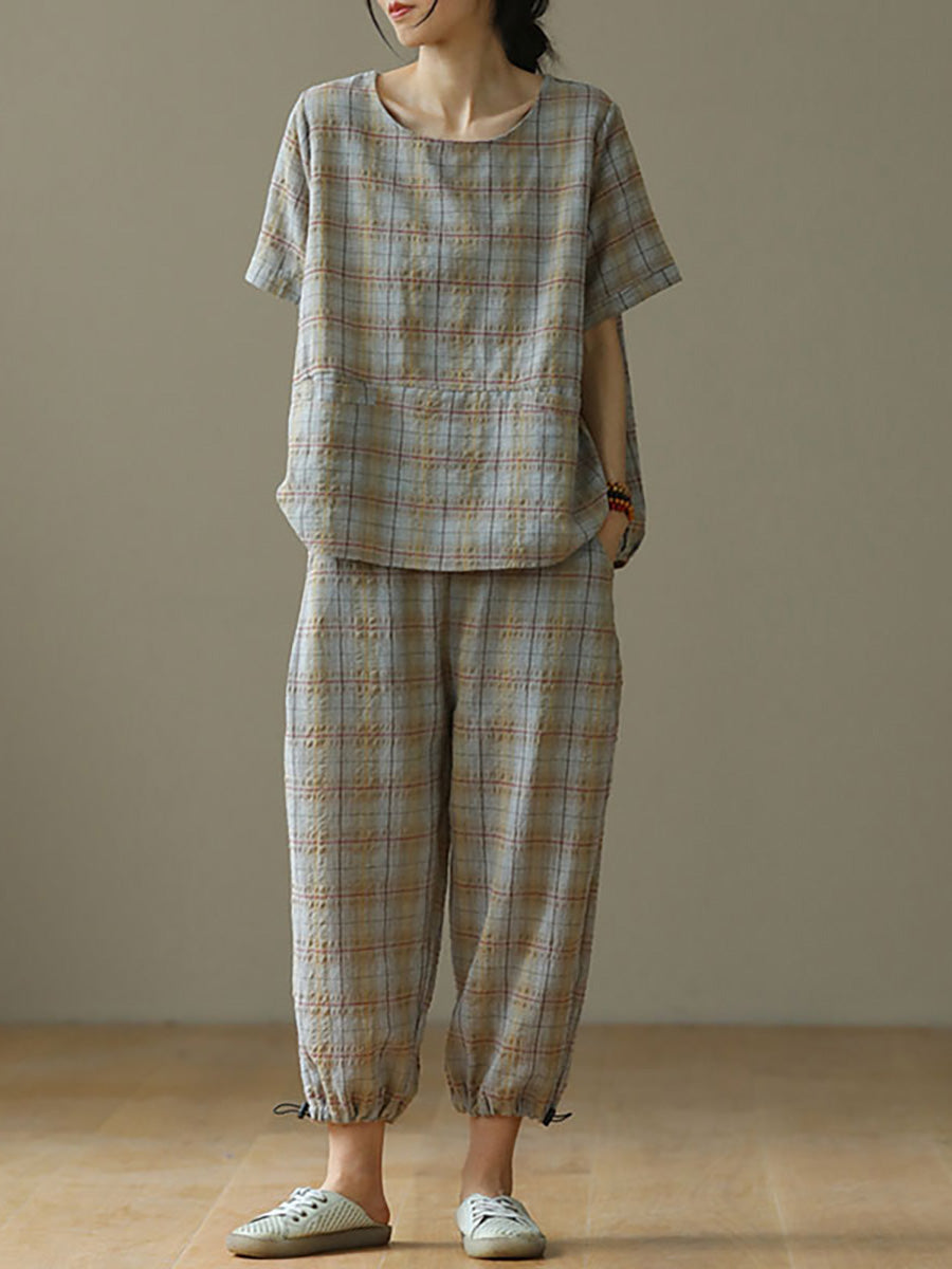 Plus Size Linen Plaid Drawstring Two Pieces Sets M-3XL Main image