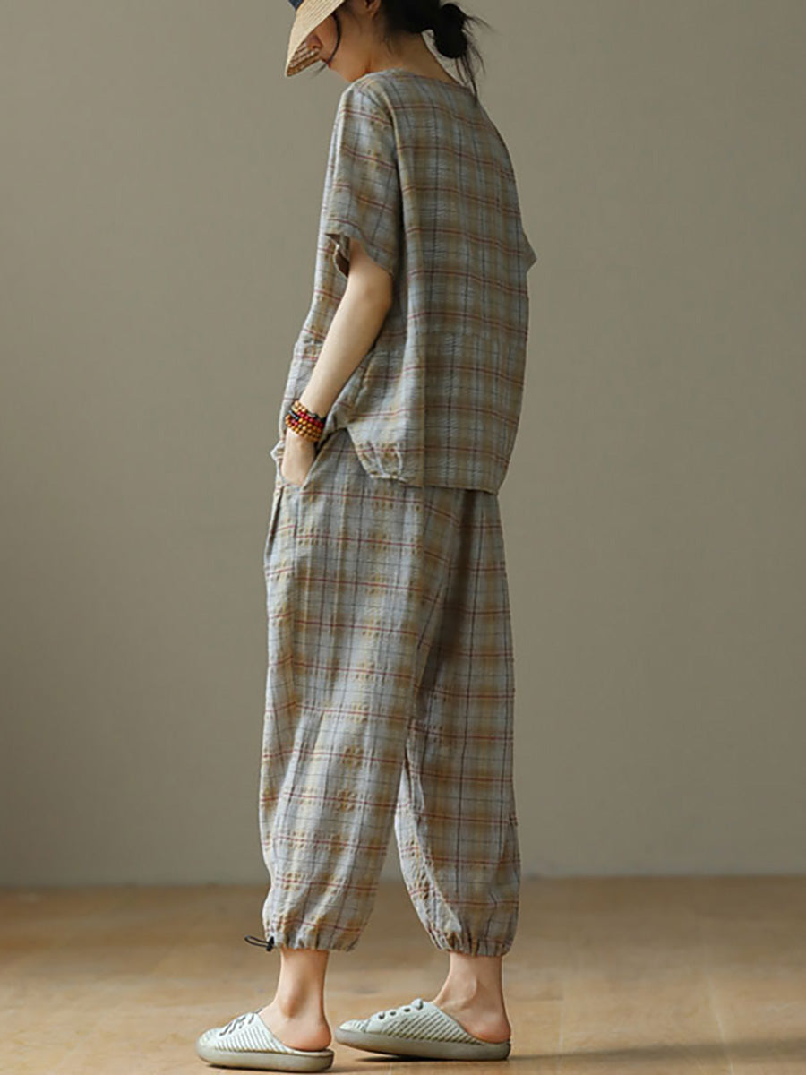 Plus Size Linen Plaid Drawstring Two Pieces Sets M-3XL Secondary image