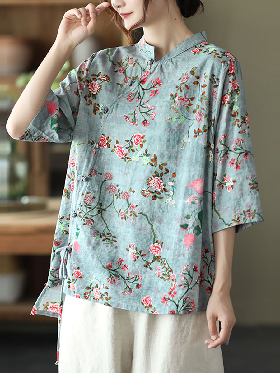 Plus size - Cotton Floral Irregular Vintage Shirt