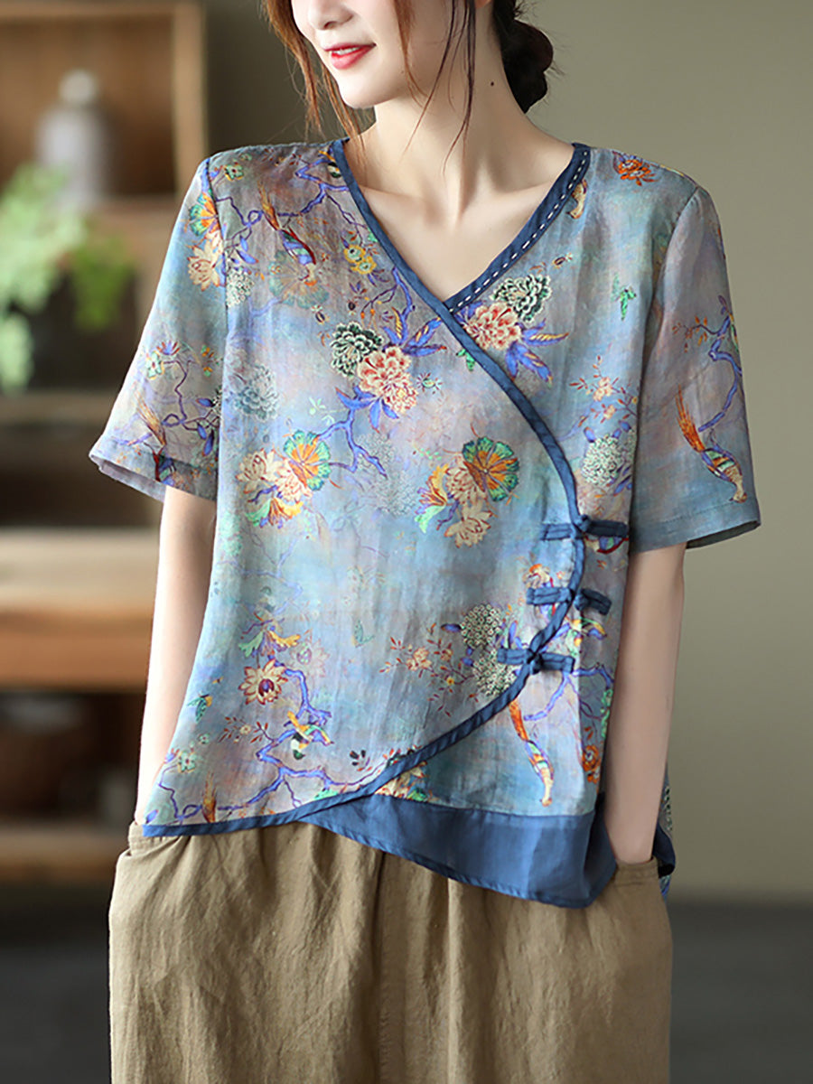 Plus Size - Vintage Stitching V Neck Short Sleeve Ramie T-shirt Main image