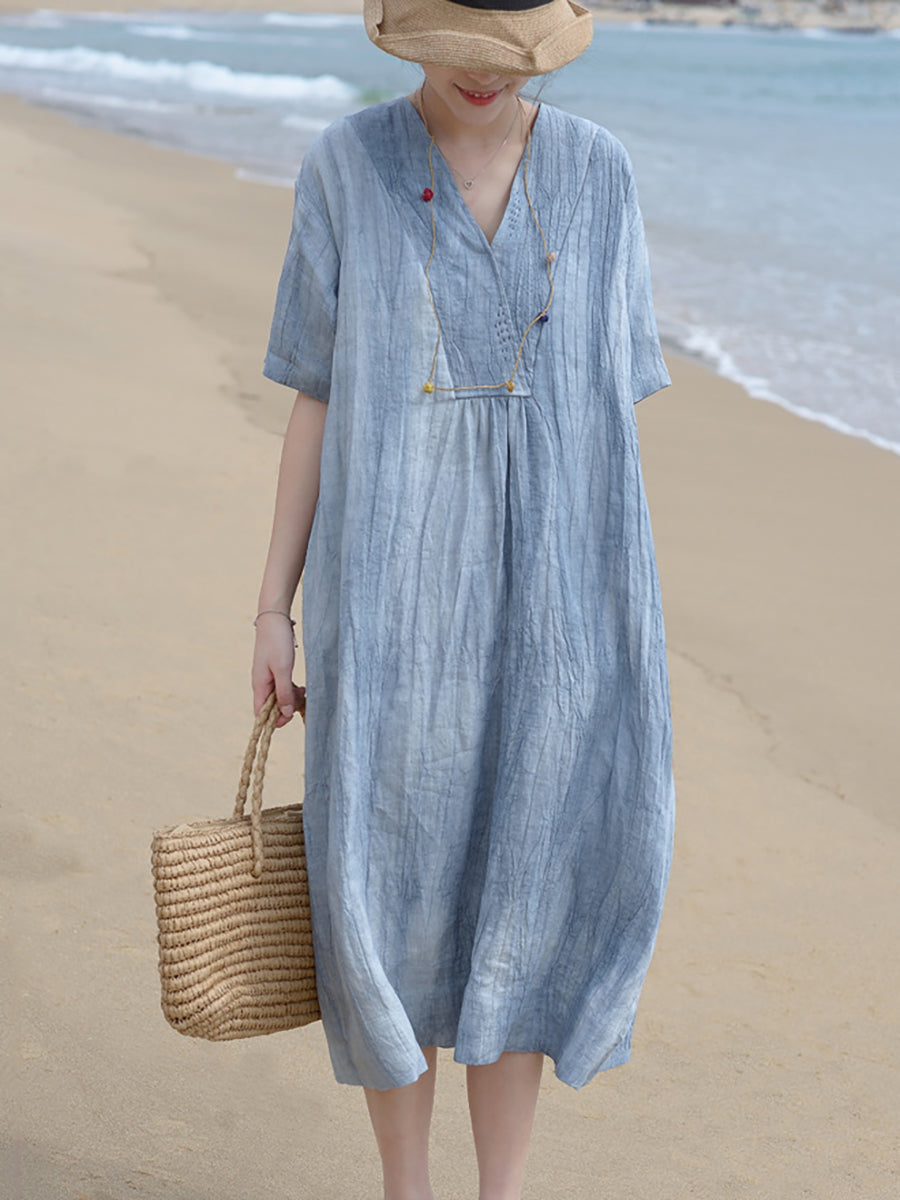 Plus Size V Neck Vintage Linen Women Loose Dress Main image