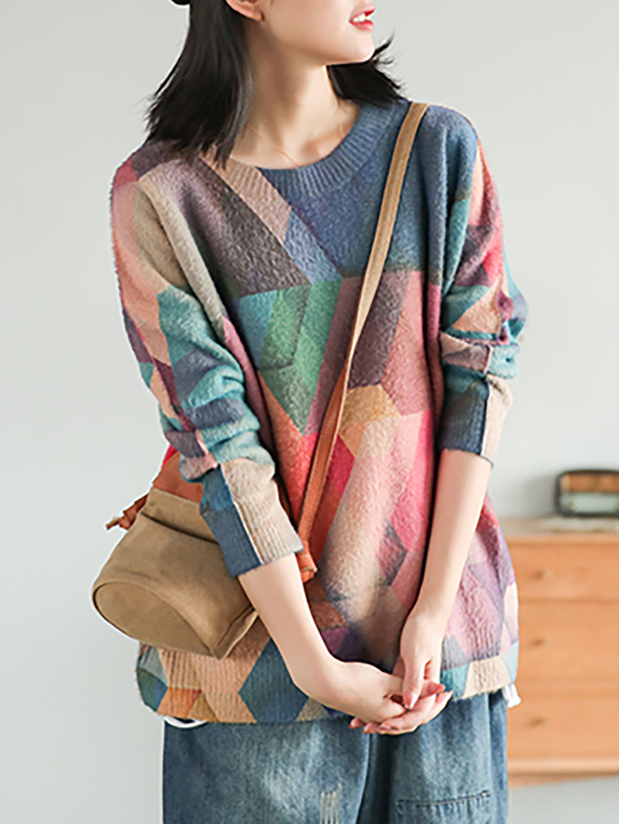 Plus Size Autumn Geometry Vintage Women Loose Sweater Main image