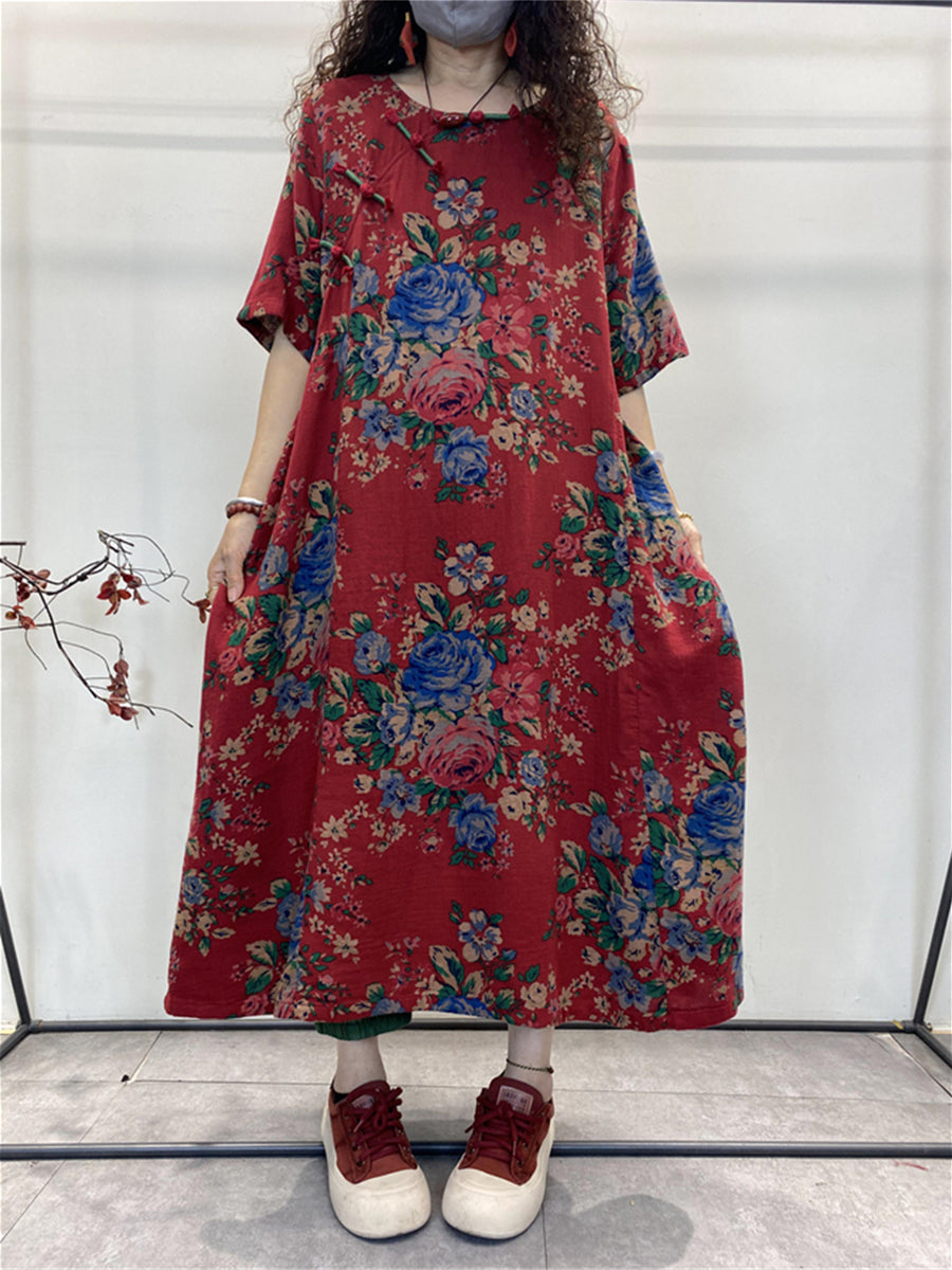 Plus Size Summer Vintage Ethnic Flower Button Loose Dress Main image