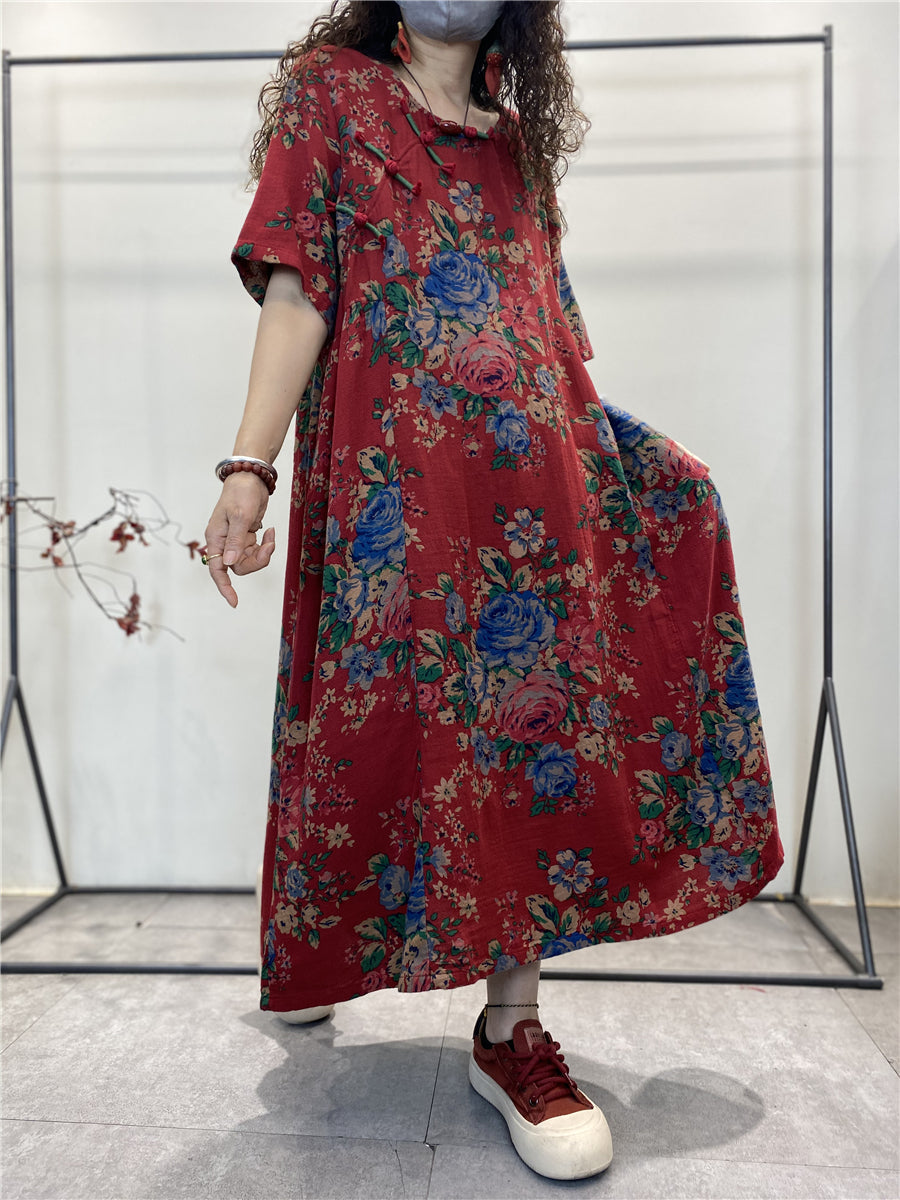 Plus Size Summer Vintage Ethnic Flower Button Loose Dress Secondary image