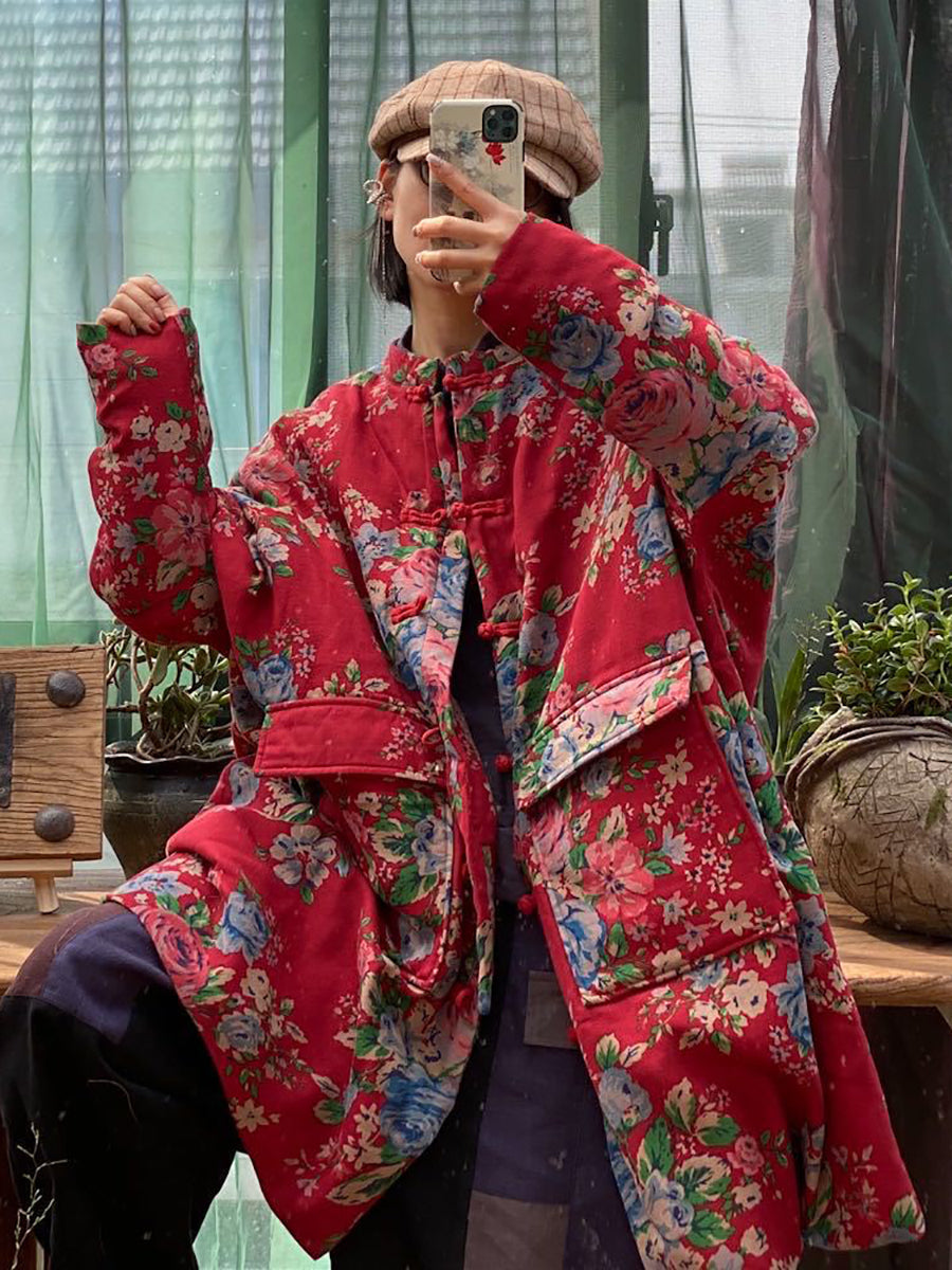 Plus  Size Women Winter Vintage Flower Pocket Button Cotton Coat