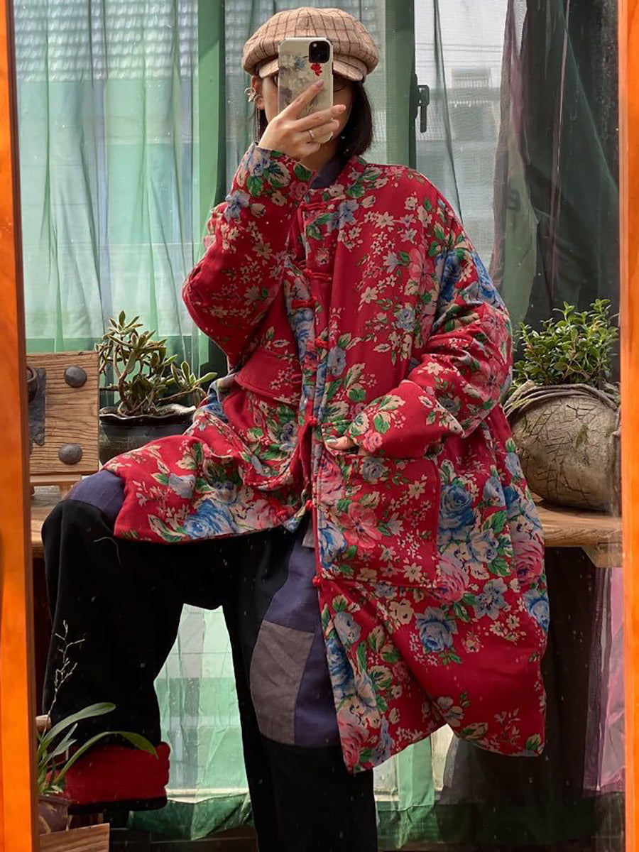 Plus  Size Women Winter Vintage Flower Pocket Button Cotton Coat