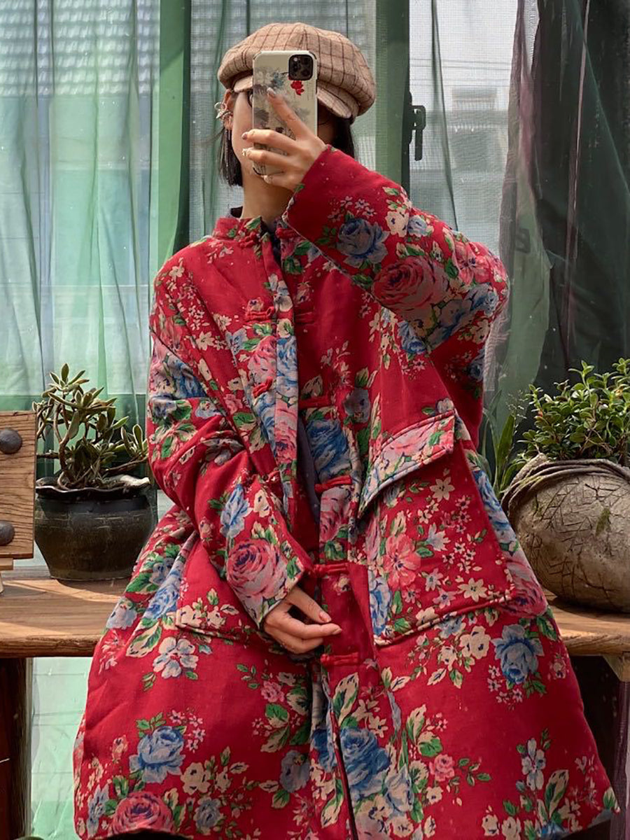 Plus  Size Women Winter Vintage Flower Pocket Button Cotton Coat