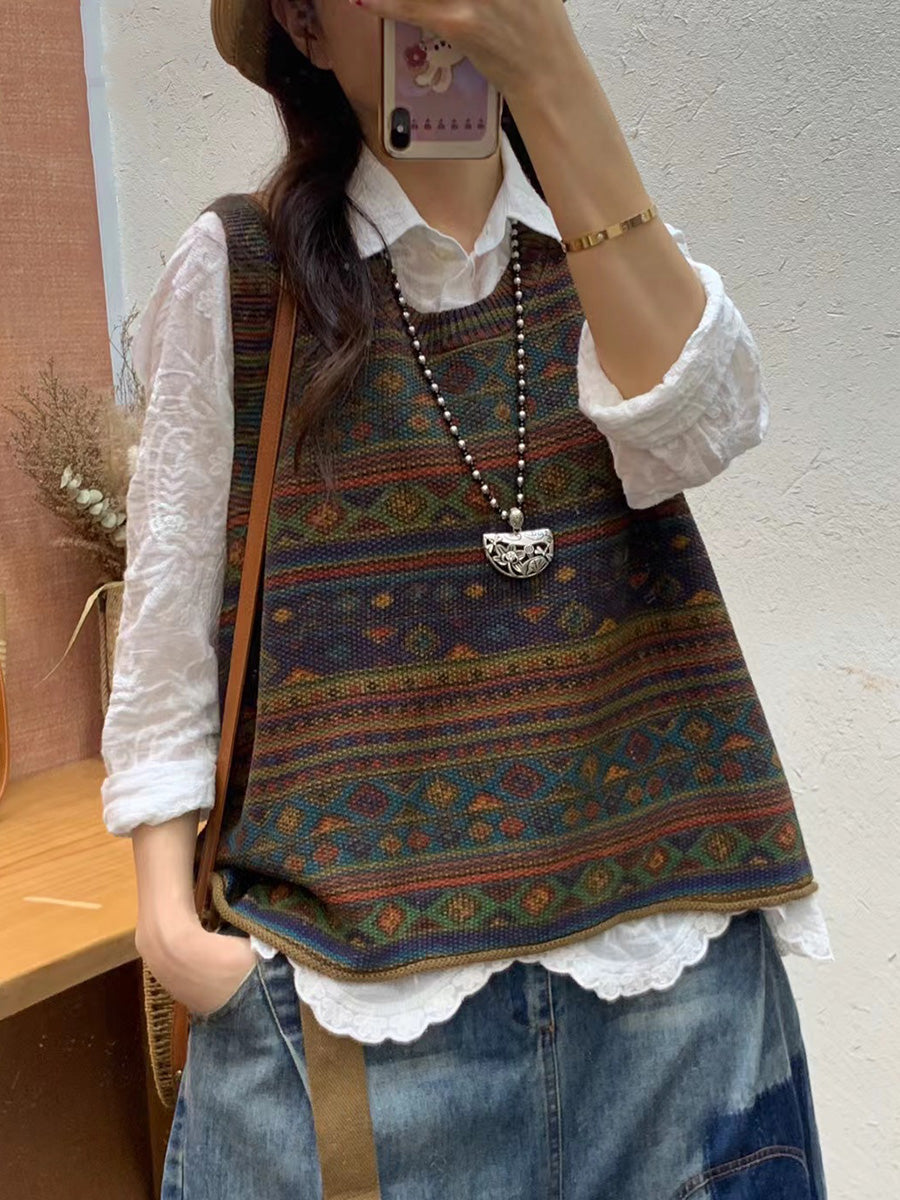 Plus Size Women Autumn Artsy Colorblock Knit O-Neck Vest Main image