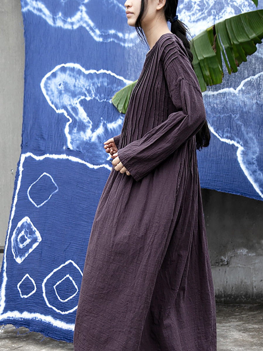 Plus  Size Women Autumn Vintage Shirred Cotton O-Neck Dress